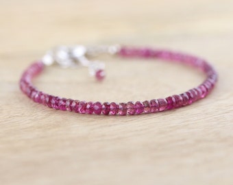 Pink Tourmaline Beaded Bracelet. Dainty Stacking Bracelet in Sterling Silver or Gold Filled. Delicate Gemstone Bracelet. Bead Jewelry