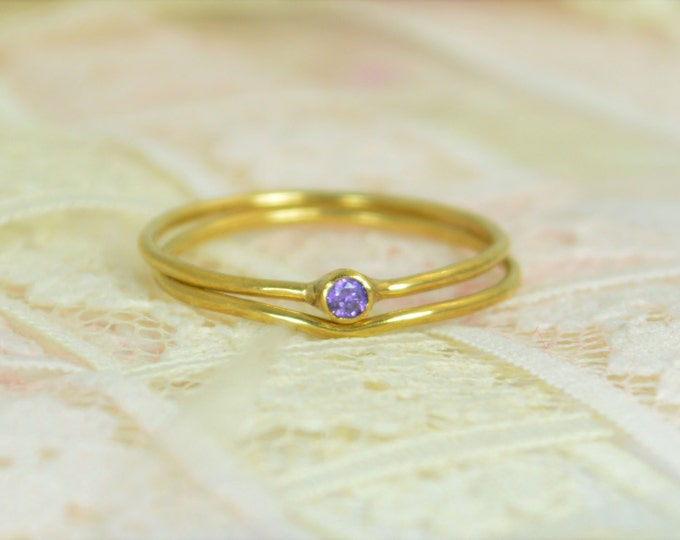 Tiny Amethyst Ring Set, Solid 14k Gold Wedding Set, Amethyst Stacking Ring, Solid 14k Gold Amethyst Ring, Bridal Set, February Birthstone