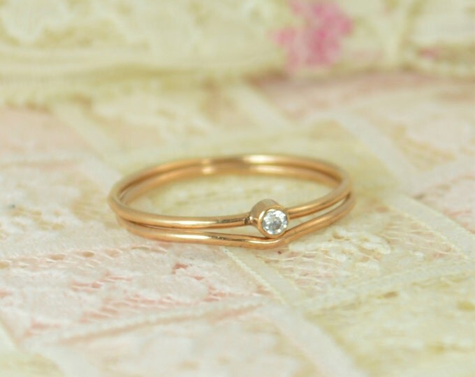 Tiny Diamond Ring Set, Solid 14k Rose Gold Wedding Set, Diamond Stacking Ring, Gold Diamond Ring, April Birthstone, Bridal Set, Diamond