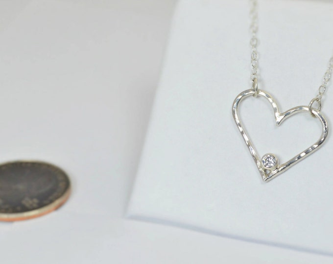 Diamond Heart Necklace, Sterling Silver, Mothers Necklace, April Birthstone Necklace, Diamond Necklace, Mother Necklace, Heart Pendant