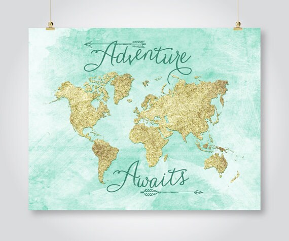 adventure awaits mint gold world map print download travel