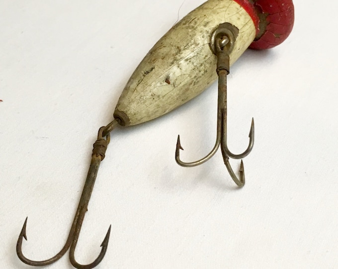 Storewide 25% Off SALE Antique Large Double Hook Heddon Wooden Fishing Lure Featuring Original Red & White Hand Painted Design