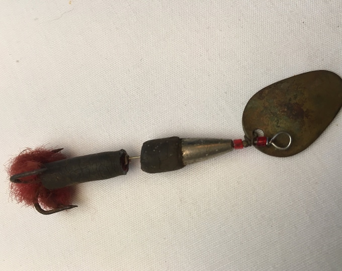 Storewide 25% Off SALE Vintage Metal Shaft Spinner Fishing Lure Hook Featuring Black Segments With Red Plumage Design End