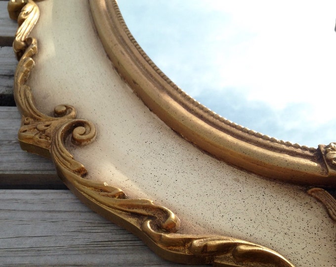 Storewide 25% Off SALE Vintage Bronze Tone Speckled Inlaid Decorative Wall Mirror Featuring French Provincial Scrolling Design With Elegant
