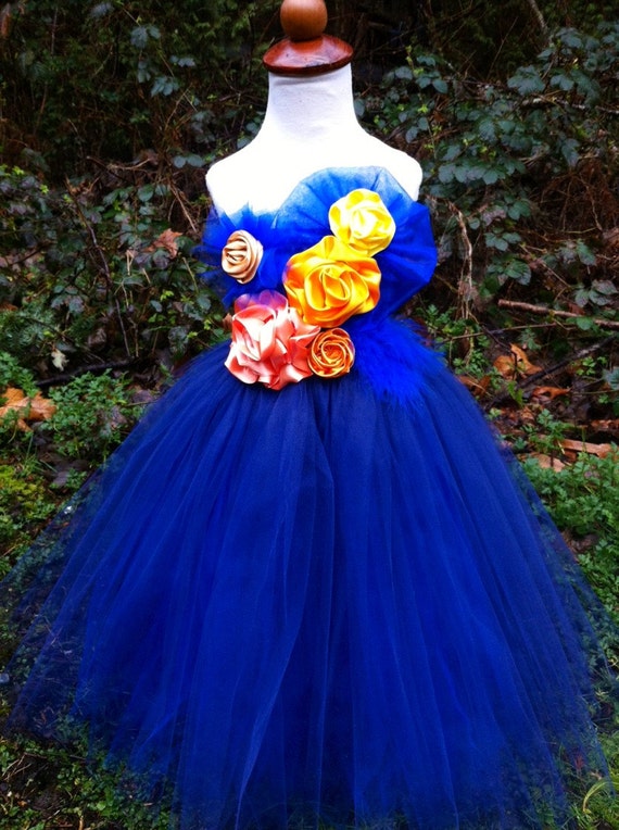 Flower girl dress//Girl dress//Navy blue and orange//yellow