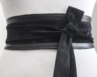 Black Obi Belt Leather Belt Waist Tie belt Leather by LoveYaaYaa