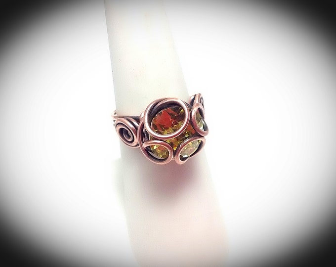 Antiqued copper wire wrapped ring with triple band & encaptured cubic zirconia