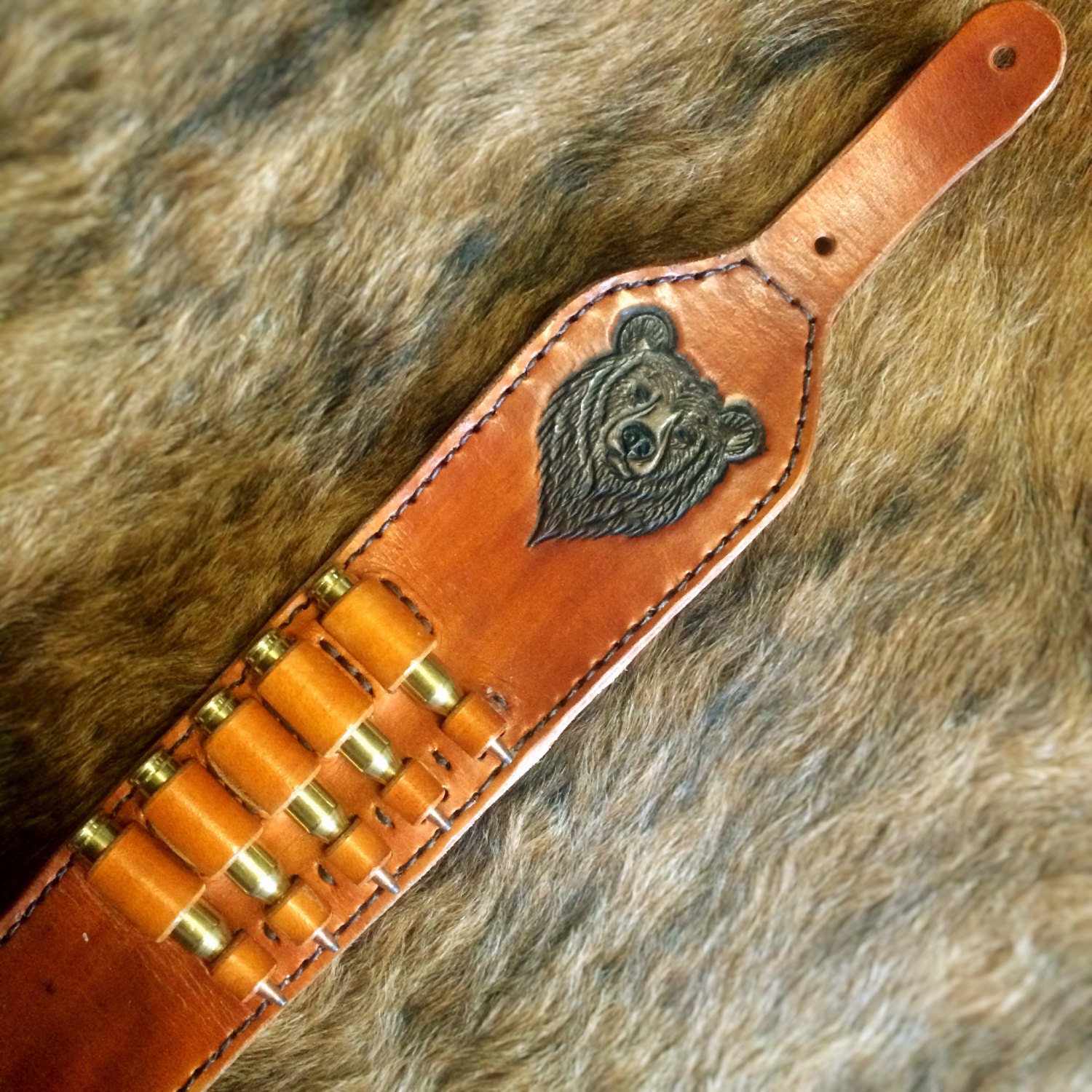 Padded Custom Leather Gun Sling with Black Bear Design and