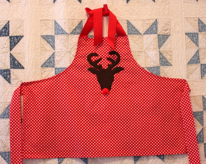 HALF PRICE ** Child's Rudolph the Red Nosed Reindeer Christmas Apron. Cheery Red Polka Dot Apron with Rudolph and his Big Red Pompom Nose!
