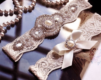 IVORY Wedding Garter Set Bridal Garter Set Keepsake Garter Ivory Lace Garter Crystal Pearl Garter Lingerie Wedding Garter Bridal Garter Belt