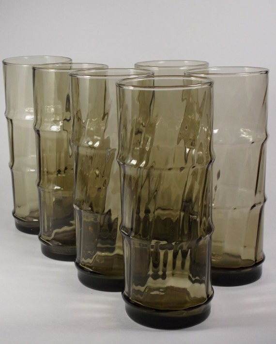 Set of Six 6 Libbey Glass Bamboo Pattern Tumblers