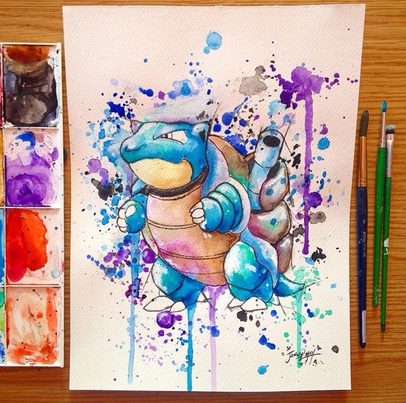 Original real HAND PAINTED Blastoise Pokemon Painting by