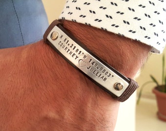 Long Distance Relationship Boyfriend Gift Personalized Leather Bracelet GPS Latitude & Longitude Handstamped Coordinates Jewelry For Him