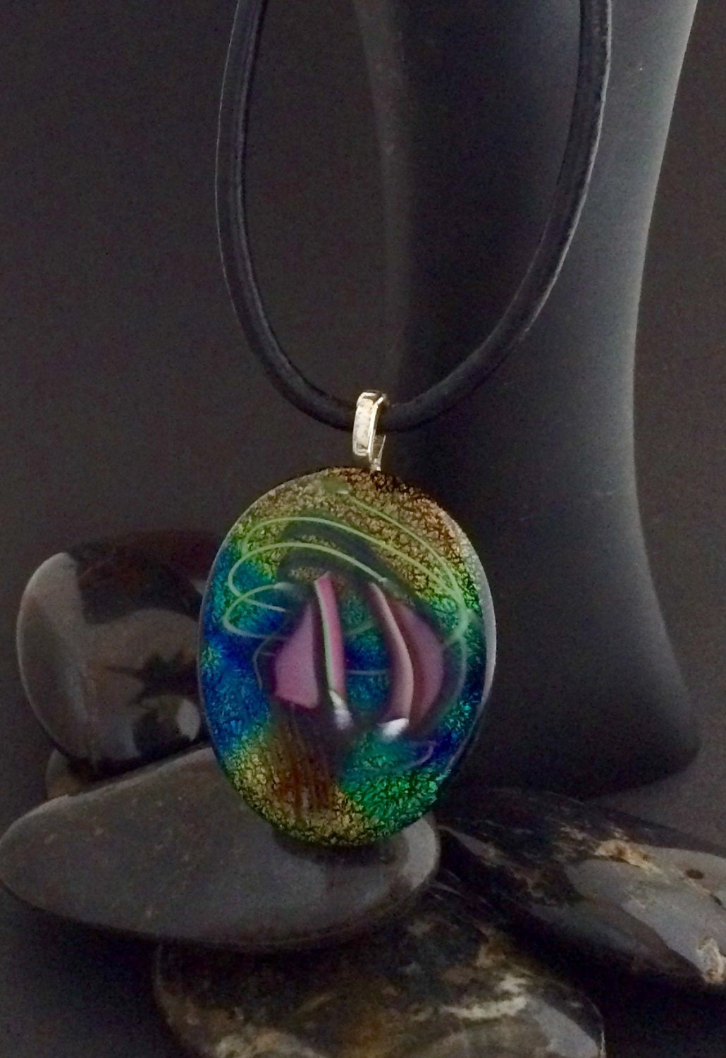 25% off One of a Kind Dichroic Glass Pendant with shades of Blue, Gold ...
