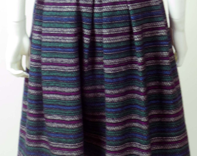 80s vintage peasant striped pleated dirndl midi length folk secretary wool skirt