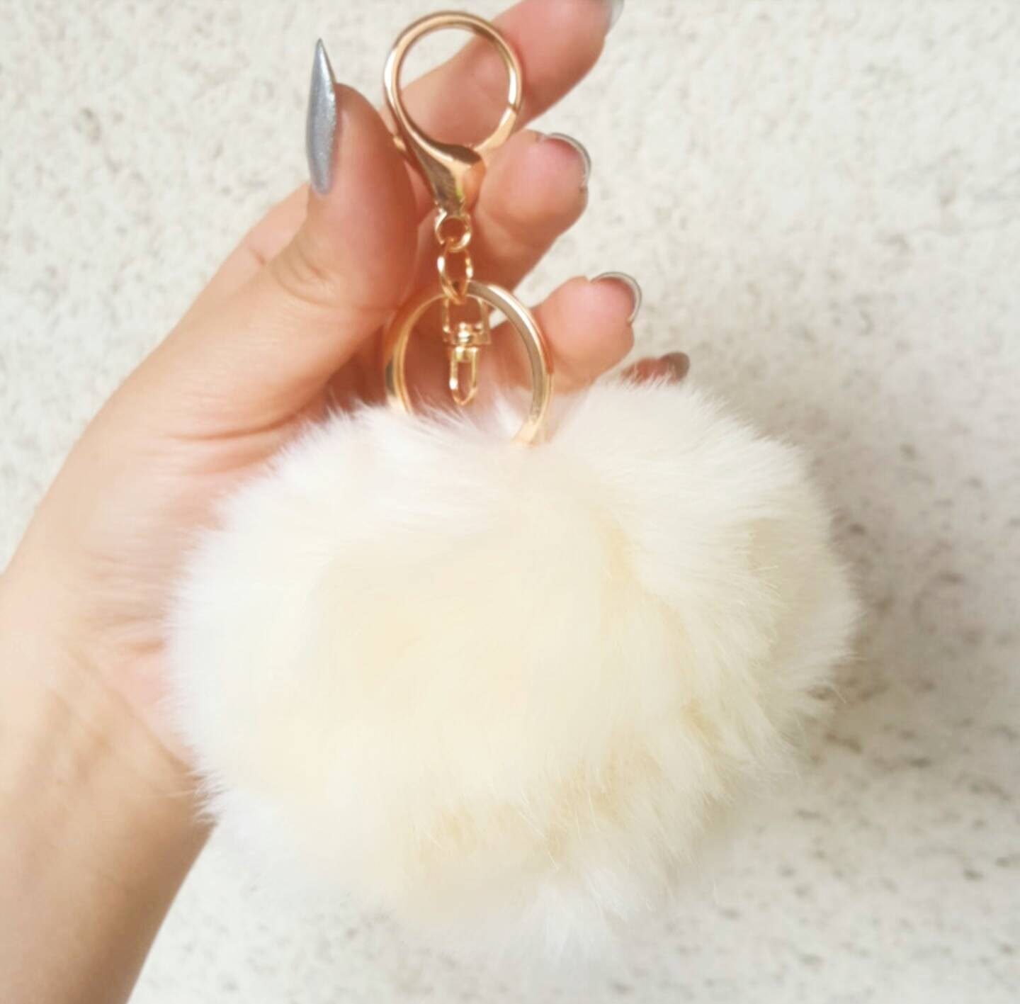 Ivory Fuzzy Keychain Keychain Furry Ball by ShopTheJewelBar