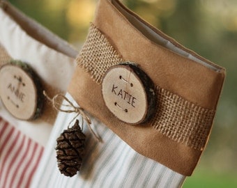Personalized Christmas Stocking Personalized Wood Slice Name Tag Cone Rustic Woodland Christmas Plaid Flannel Christmas Stocking Burlap