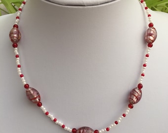 Handmade Red and Cream Beaded Necklace