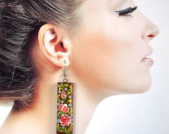 handmade earrings womens gift|for|her Long earrings brown paint earrings boho wood jewelry ethnic earrings folk jewelry mom gifts|for|women