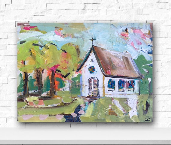 abstract church print church painting vintage by Marendevineart