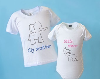 Big Sister Big Brother Little Sister Little Brother Matching Outfit - BABYGROW & T-SHIRT with Elephant