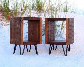 Pair of end tables, side tables, reclaimed wood , night stands, plant stands, entry tables, hairpin legs, industrial side tables