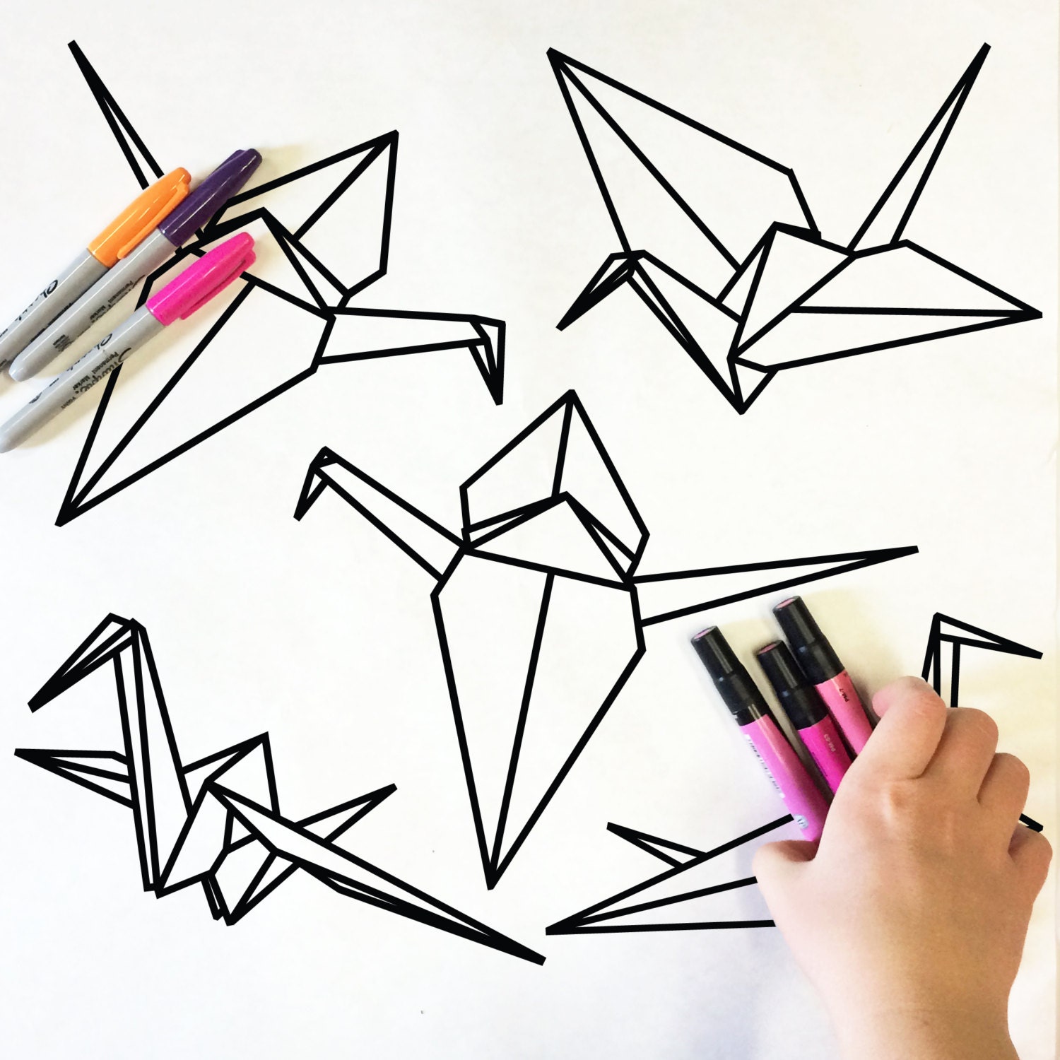 Origami Cranes Doodle Decal coloring page fabric by HappyDayDecals