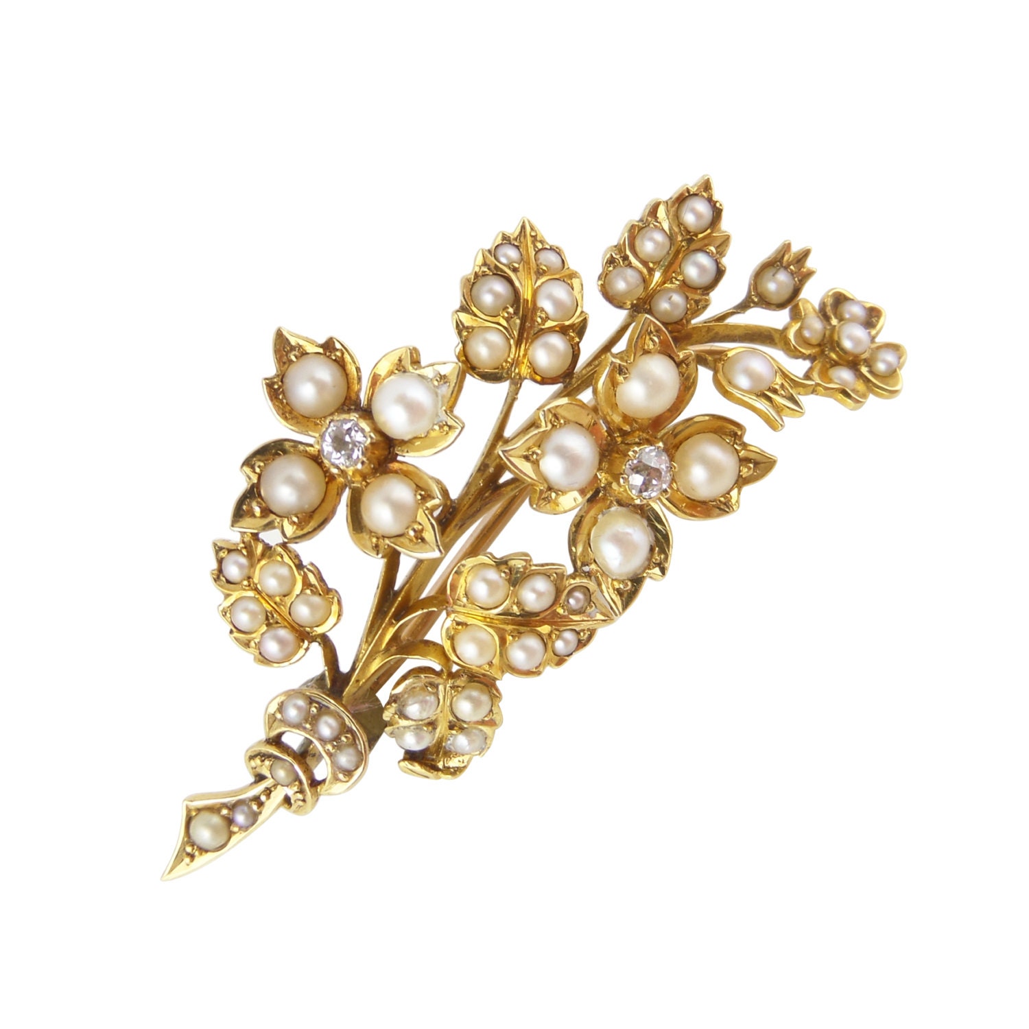 Victorian Diamond Seed Pearl Brooch In 15ct Gold Antique