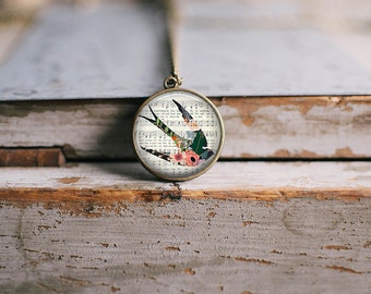 Floral Bird Sheet Music Necklace ⇻ Shabby Chic Glass Dome Necklace ⇻ Vintage Inspired Pendant Necklace