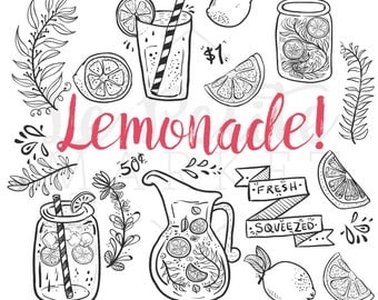Doodle Hand Drawn Lemonade Summer Clip Art, Mason Jar Clipart, Lemonade themed Illustration Clipart, PNG Lemon, DIY Coloring