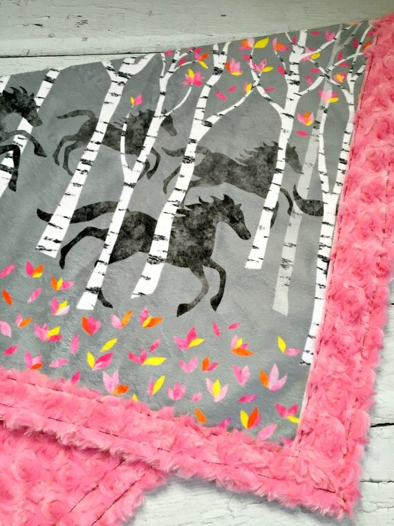 Horse Minky Baby Blanket Pretty Horses Designer Minky Pink