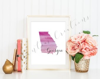 Georgia State Pink Ombre Watercolor Printable Art. Georgia State Love Printable. Georgia Silhouette Outline Watercolor State.