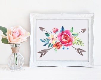 Boho Floral Printable, Floral Wall Art, Printable Wall Art, Arrow Printable, Floral Arrows, Wall Art Printable, Watercolor Floral Printable