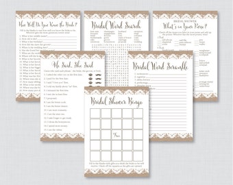 Burlap and Lace Bridal Shower Games Package with Six Games- Printable Rustic Bridal Shower Games - He Said She Said, Bingo, etc 0003