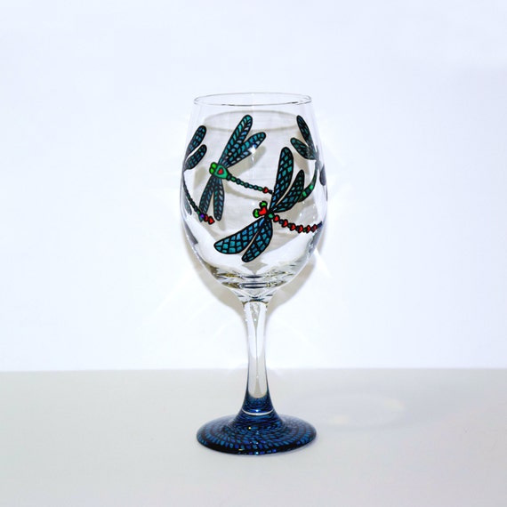Dragonfly Wine Glass Hand Painted Glassware Dragonflies