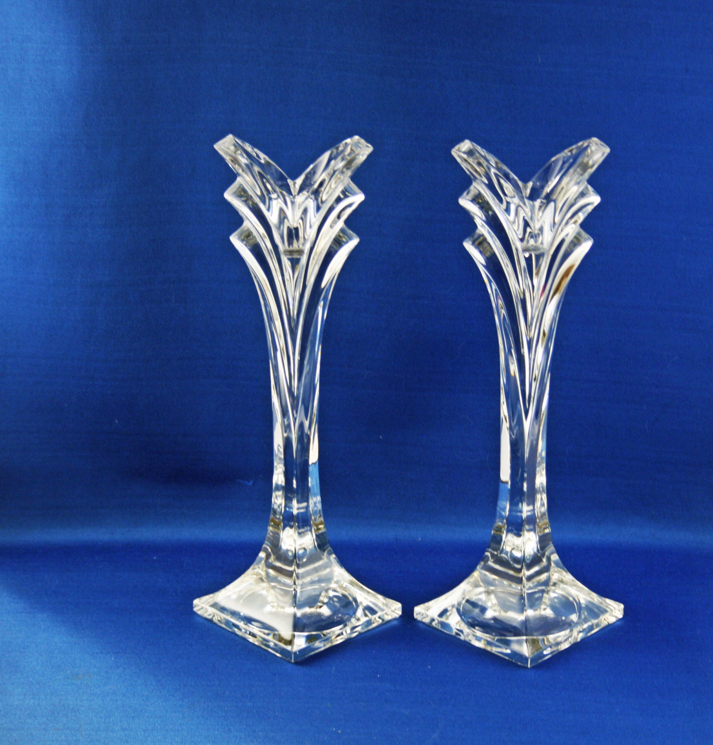 Vintage 93/8” Mikasa Art Deco Polished Lead Crystal Candlestick Set of