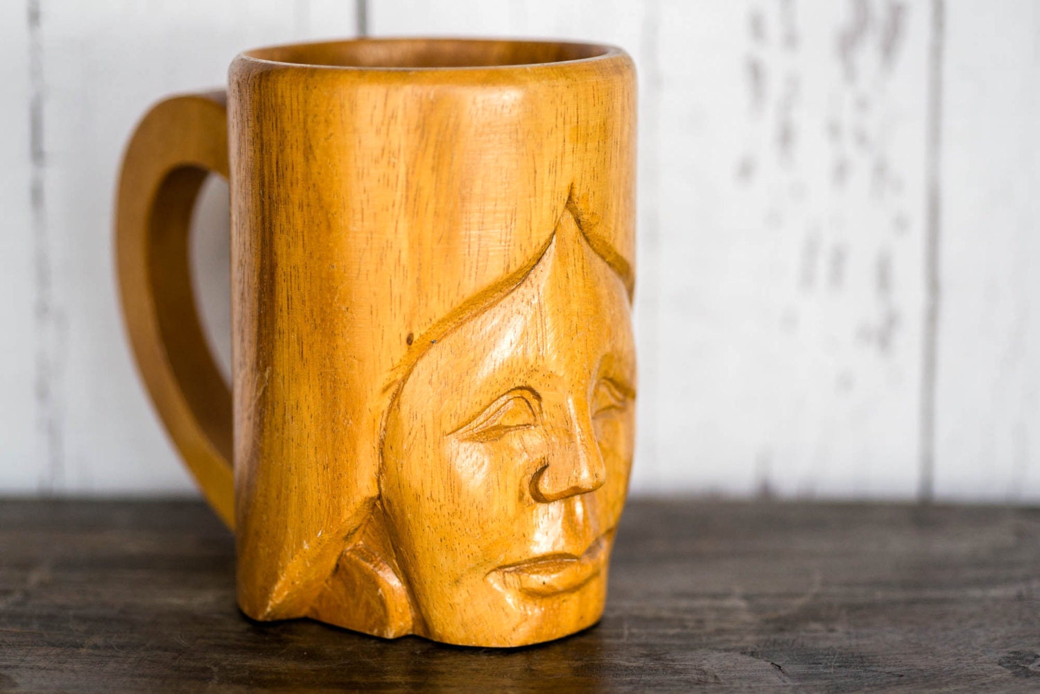 Vintage Wood Mug with Face Hand Carved Solid Wood Native