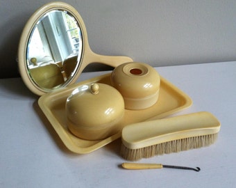 Vintage 1930’s French Ivory Dresser Vanity Set, 6 Piece Set, Pyralin Ivory, Antique Ivory, Celluloid, Shabby Chic Vintage Decor Collectible