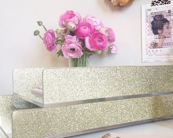 NEW-Letter Tray-Acrylic-Gold-Glitter-Desk Accessories-Made In USA-Set of 2 Trays