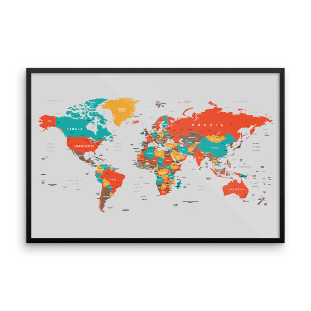 World Map Framed World Map Poster Wall Mount World