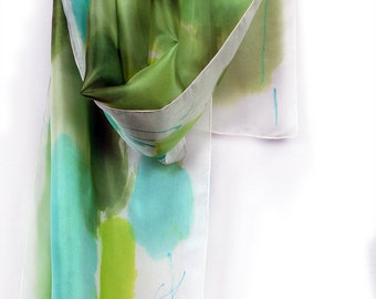 Hand painted silk scarf Green shades, Painted silk scarf in abstract composition. Luxury scarf. Painting on silk by Dimo/ Unique handmade gi