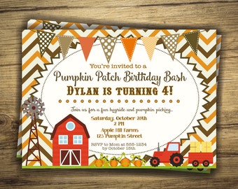 Fall Pumpkin Patch Birthday Invitation Hayride, Farm, Pumpkin Picking Party Invite, Boy Girl, Pink Orange Chevron - Digital File, Printable