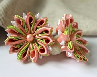 Kanzashi 2 ponytail holder Christmas gift for little girl Hair flower Peach baby hair bow Girl Birthday gift Pigtail bow Pink coral Hair tie