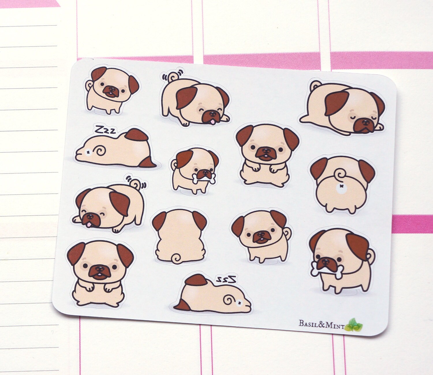 Cute Kawaii Pug Dog Planner Sticker Set / Perfect by BasilAndMint