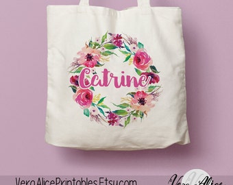 Personalized Natural Canvas Tote, Floral Tote, Custom Tote Bag, Name Tote, Bridesmaid Bag, Tote Bag Gift, Floral Bag, Flower Beige Tote