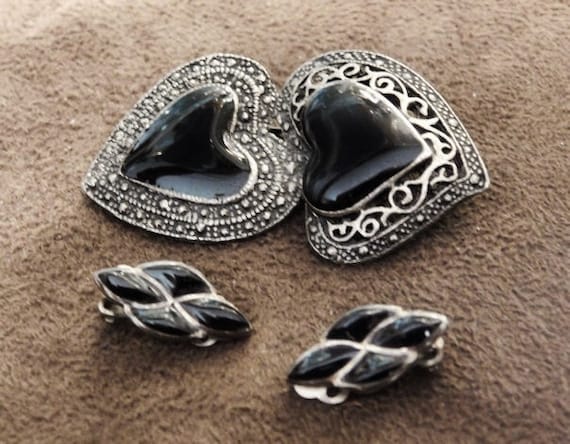 Vintage Brooch and Clip On Earrings Set Black Onyx Sterling Earrings Black Plastic Double Heart Filigree Brooch Artisan Hand Crafted Jewelry