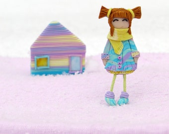 Brooches girl and house, brooch house pin brooch doll jewelry brooch doll brooch for girl jewelry house pastel colors brooches ready to ship