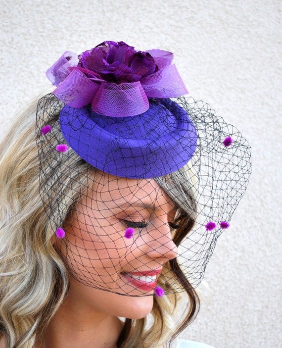 Items similar to Purple Fascinator, Pillbox Hat, Pillbox Fascinator, Womens Tea Party Hat