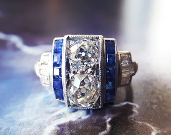 Diamond Engagement Ring | Art Deco Engagement Ring | Vintage Engagement Ring | Sapphire Engagement Ring | Vintage Diamond Ring | Two Stone
