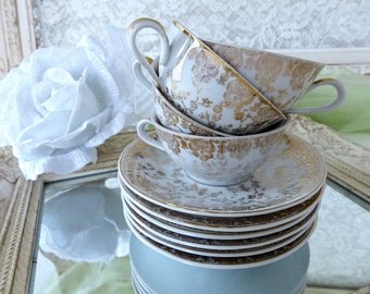 Set of Vintage French Delicate LES D. 135 Porcelain Tea Cups, Golden Floral Design, 4 Cups & 6 Saucers , Tea Time Party, Made in France